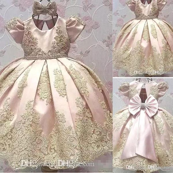 

2019 hort leeve flower girl dre e big bow toddler jewel gold applique kid communion dre birthday party pageant gown