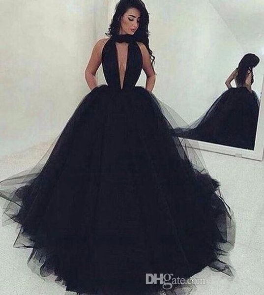 

vestidos de feista арабский пром платья 2018 холтер шеи черный многоуровневое тюль суд поезд сексуальная спинки формальные партии вечерние п, Black