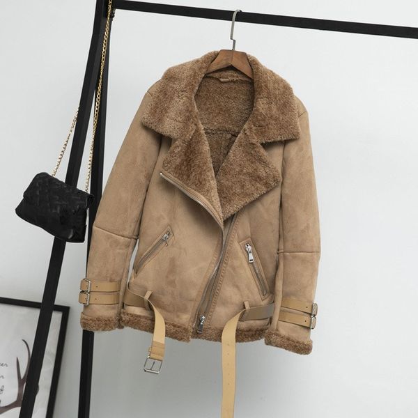 

autumn winter new faux lamb pu leather jacket 2018 women sashes fur collar thick coats warm loose lambs outerwear, Black;brown
