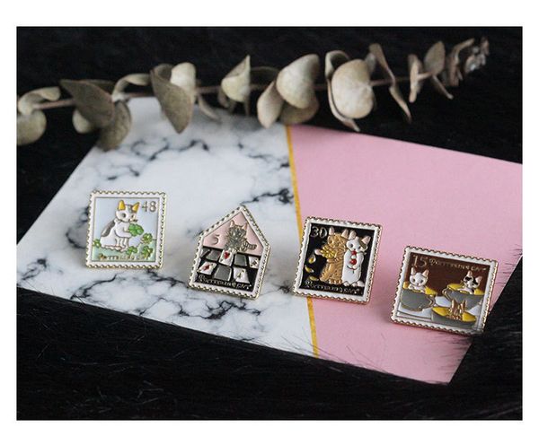 

japanese style cute soft cat kitten metal commemorative life stamp jewelry collar for child hard enamel brooches pins wholesale drop ship, Gray