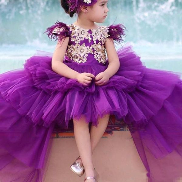 

Purple Tulle Flower Girl Dresses Jewel Feather Golden Applique Cap Sleeve Girls Pageant Dresses Lovely Tiered High-Low Birthday Dresses