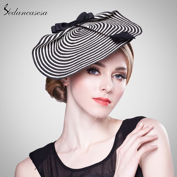 

sedancasesa british style bowknot black and white striped fascinator bridal hats clip for women party wedding evening cap, Blue;gray