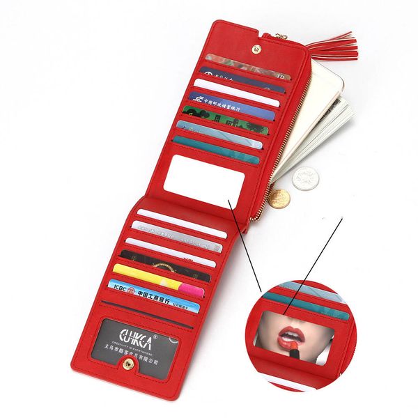 

women men pu leather long wallet clutch solid card pocket phone pocket inside zipper pocket with make up lens 6 color x143, Red;black