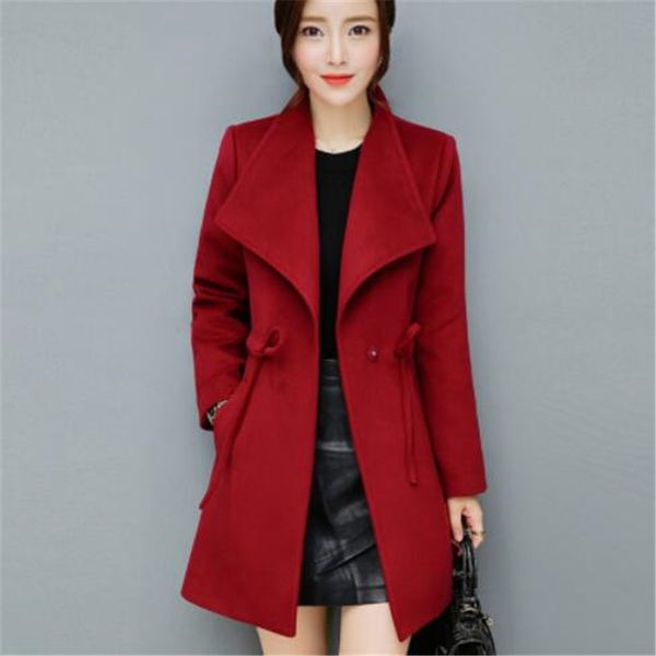 

kpop women woolen coats autumn winter trench coat ties femme fashion slim long armygreen overcoat plus size outerwear, Tan;black