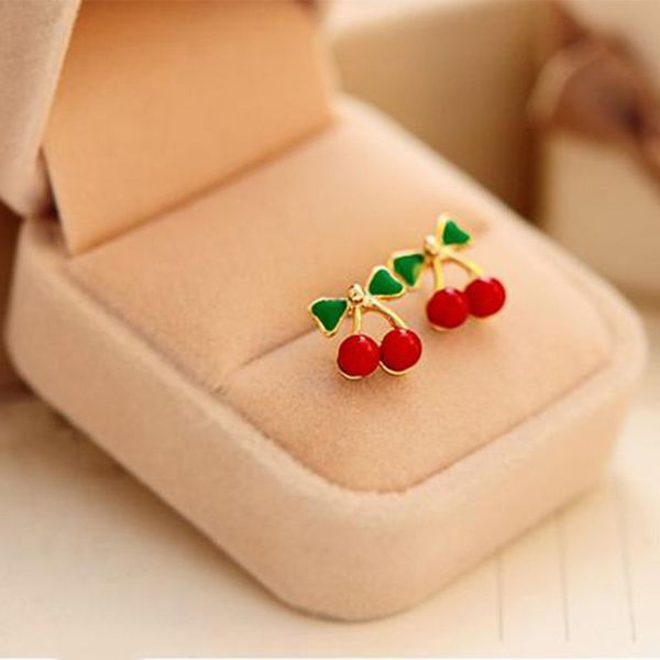 

очарование моды алмазный очаровательная женщины red cherry ear шпильки зеленый bowknot черешня серьги фрукты ювелирные изделия свадебные укр, Golden;silver