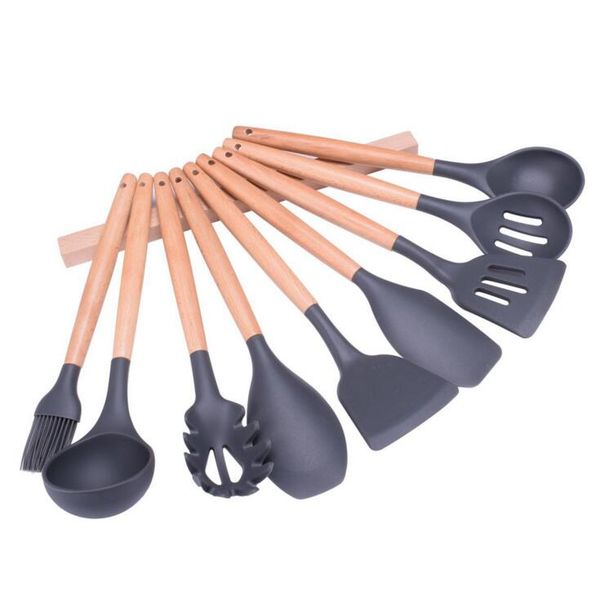 

new wood handle silicone cooking utensils for kitchen slotted turner spatula spoon ladle spaghetti tools cooking sets 200sets ib624