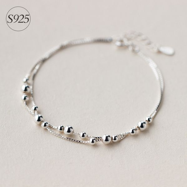 

1pc 925 sterling silver jewelry 2rows smaller &bigger round ball beads chain bracelet geometric jewelry adjustable ls127, Golden;silver