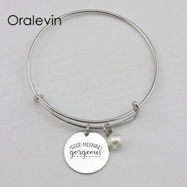 

good morning gorgeous inspirational hand stamped engraved pendant expandable bracelet metal stamped jewelry,10pcs/lot, #ln2325b, Black