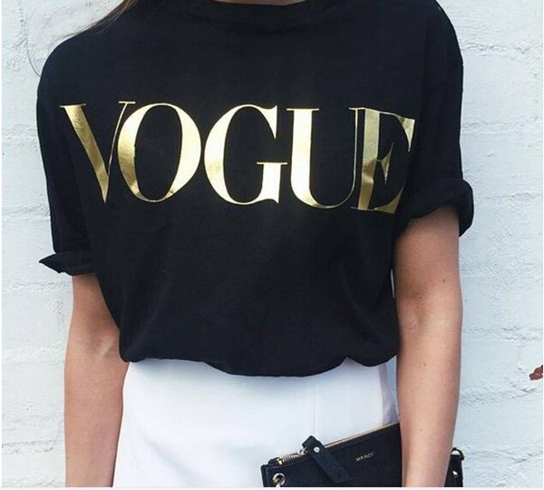 

spring new fashion t shirts for women t-shirt gold vogue letter women short sleeve crew neck graphic tees casual womens, White