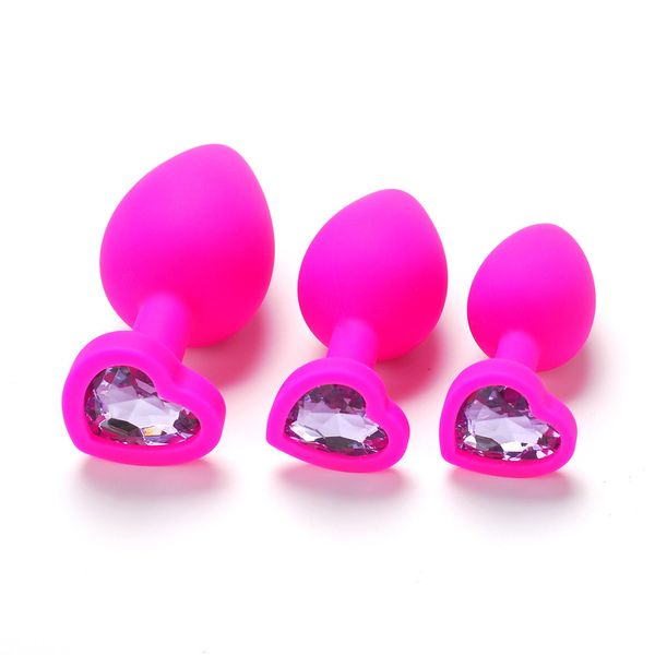 

New Design Silicone Anal Plug Silica Butt Plugs with Heart Shape Jewelry Base Black Red Pink Purple Violet Color Small Medium Large Size