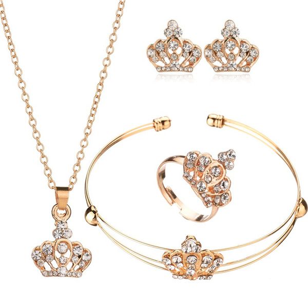 

new gold color crown bridal jewelry set hollow flower necklace/earrings/ring/bracelet 2018 wedding accessorie, Silver