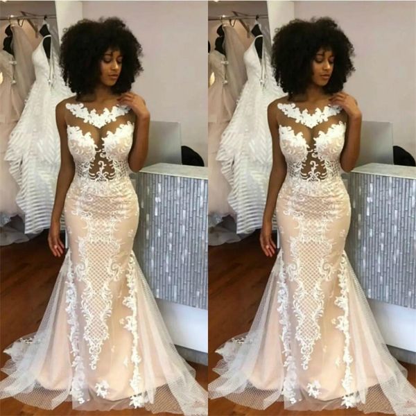 

vintage mermaid wedding dresses 2019 champagne underlay lace appliques jewel neck long country bridal gowns, White