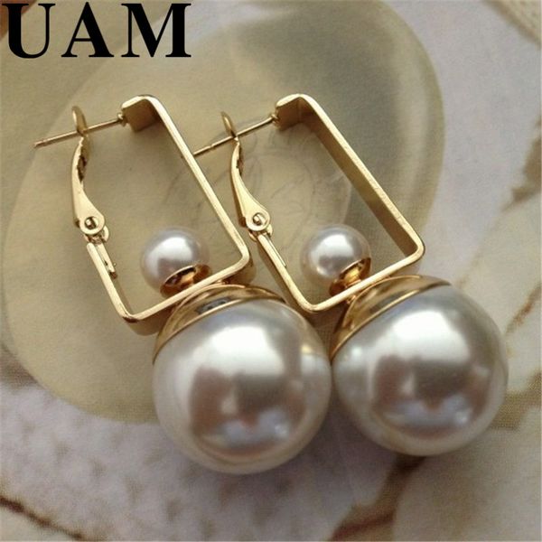 

4.4*1.8cm 2017 new summer textured jewelry fashion gold geometric shape shiny big double pearls dangle earrings for women, Silver