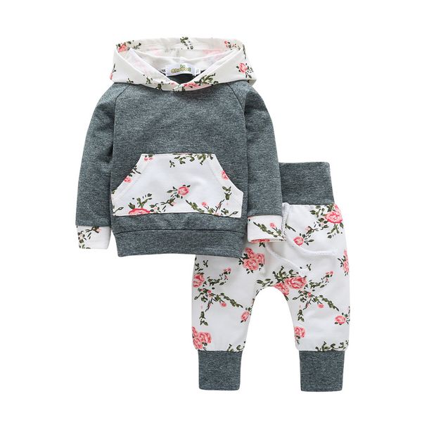

new style baby girls clothes sets hooded pullover floral casual pants toddler outfits infant 2pcs packet clothing sets, White