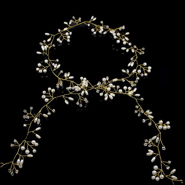 

luxury pearls long 100cm hair jewelry wedding headbands and tiaras rhinestone headpiece women bridal party accessories, Golden;white