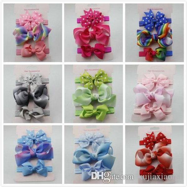 

11 styles cute kids baby girls colorful ribbed ribbon bowknot headbands 3pcs/card soft infant hair band accessories christmas gifts, Slivery;white