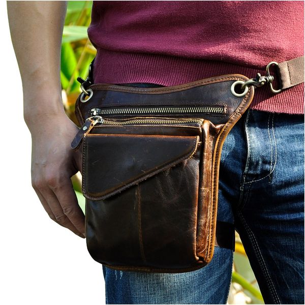 

crazy horse real leather men vintage brown small belt messenger bag waist pack drop leg bag 211-3