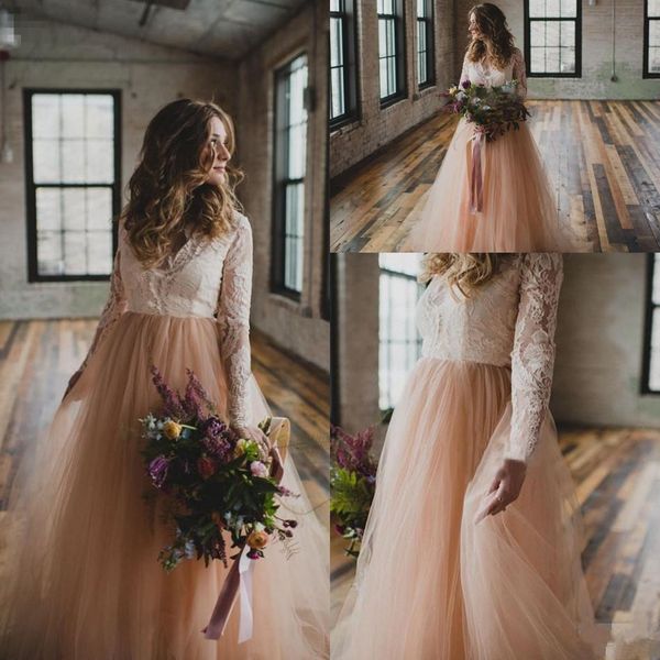 

vintage country wedding dresses with long sleeves lace blush tulle v neck 2018 bohemia garden beach plus size bridal wedding gowns cheap, White