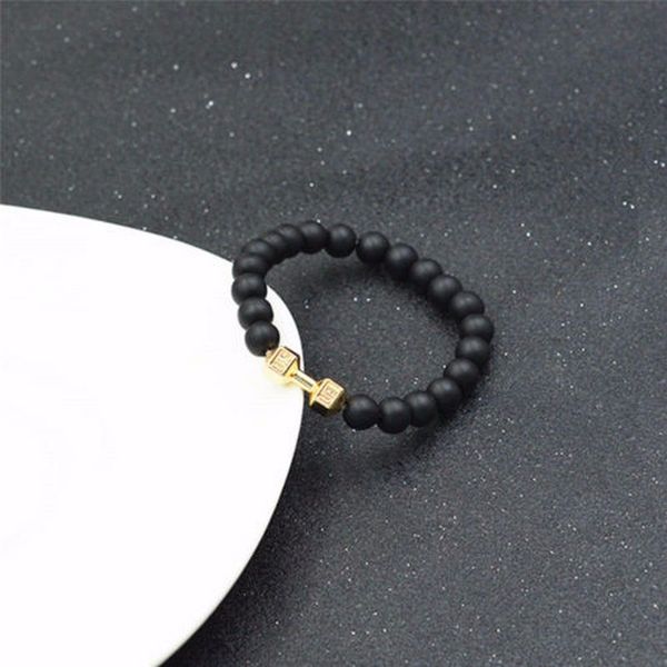 

new design 8mm black stone beads fitness dumbbell bracelets men's energy gym barbell jewelry