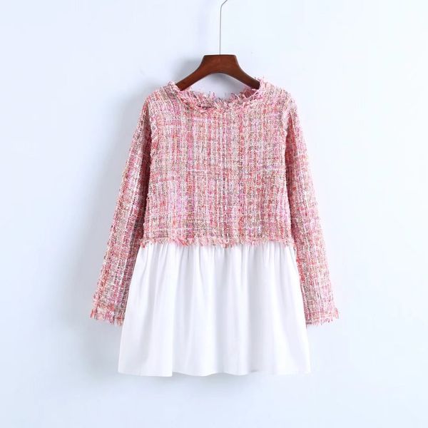 

2020 autumn women casual colorblock shirt tweed multicolor blouse spring round neck long sleeve shirt, White