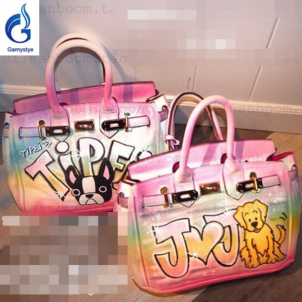 

art paint custom name bags designer handabgs hamz luxury purse handbag genuine leather 25cm 30cm 35cm designer bags real leather handbag