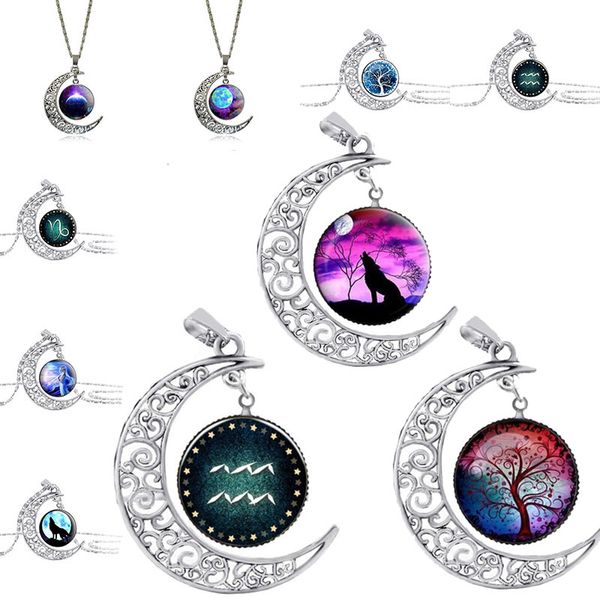 Cam Cabochon Kolye Hayat Ağacı Galaxy Ay burç burcu Kurt Peri Kolye Kolye Moda Jewlery Will ve Sandy Damla Gemi