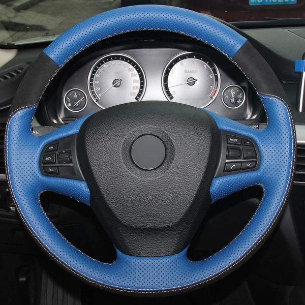 

blue genuine leather black suede hand-stitched car steering wheel cover for bmw x3 2014 x5
