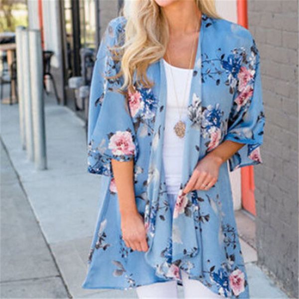 

2018 new women floral print loose jacket long sleeve kimono cardigan boho chiffon coat ladies vintage shawl holiday jacket, Black;brown