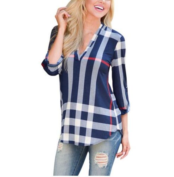 2017 Autunno Moda Donna Top scollo a V Top Tee Plaid Camicetta da donna Camicia manica a tre quarti Camicette femminili casuali