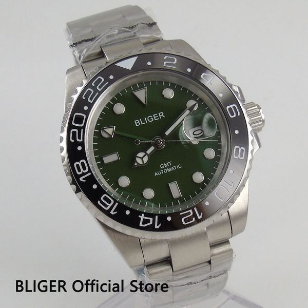 

solid bliger 40mm green dial black ceramic bezel green gmt pointer luminous marks sapphire automatic movement men's watch b187, Slivery;brown