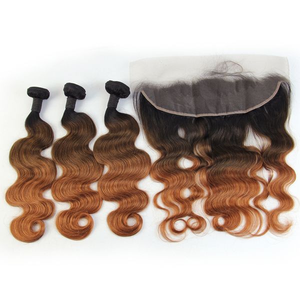 

pre-colored ombre brazilian body wave human hair bundles with frontal #1b/4/30 13*4 ombre human remy hair lace frontal, Black;brown