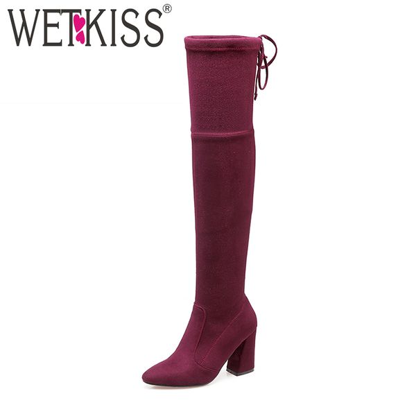 

wetkiss over the knee women boots flock pointed toe cross tied footwear stretch female boot party high heels shoes women winter, Black