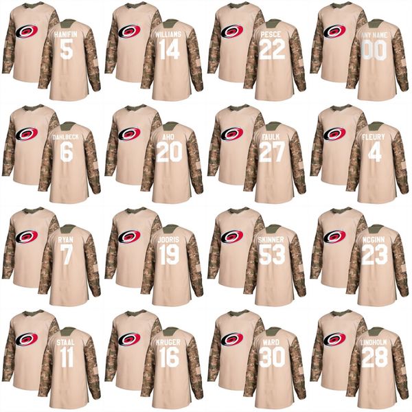 

2018 Camo Veterans Day Hockey Jerseys Carolina Hurricanes 20 Sebastian Aho 27 justin Faulk 11 Staal 53 Jeff Skinner 30 Cam Ward