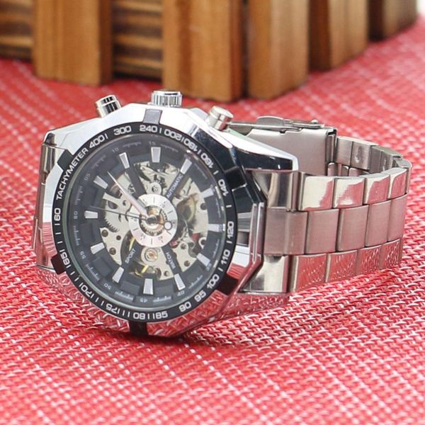 

men's hollow skeleton dial automatic mechanical stainless steel band wrist watch, Slivery;brown