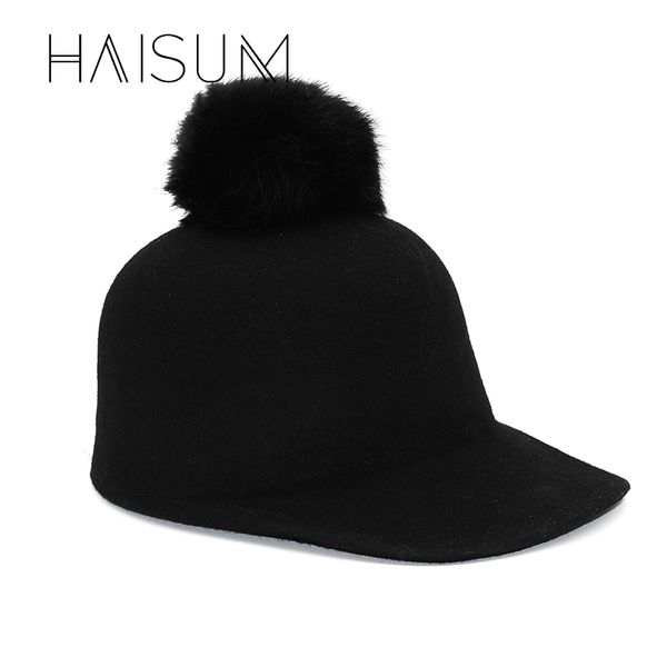 

haisum new wool pom pom cap for women spring black baseball cap with real fur poms brand new female hn02, Blue;gray