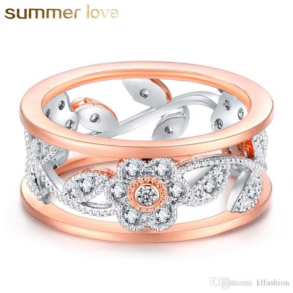 

trendy luxurious hollow out flower rings for women exquisite lucky cz crystal flower leaf ring european wedding jewelry wholesale lover gift, Golden;silver