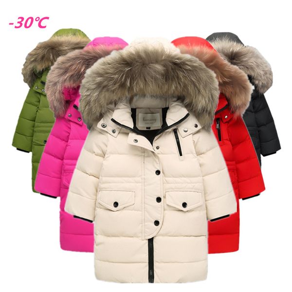 

boys cold winter thickening warm duck down jackets girls big fur collar hooded outerwear coats children casual jacket russian, Blue;gray