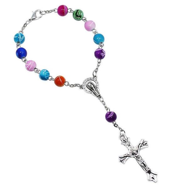 Religiosa Cruz Rosário Strand Pulseira 8 MM Colorido Acrílico Beads Pulseira Católica Rosário Mulheres Jesus Crucifixo Pulseira