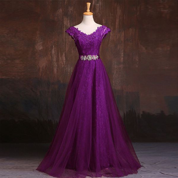 

lace tulle a line evening dresses with short sleeves purple royal blue 2019 new v neck prom dress floor length, Black;red