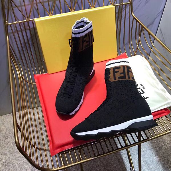 

Luxury 2018 new fashion Stretch-Knit sock Booties ankle boots hiking shoe F letter Breathable Elastic boots ladies winter boots