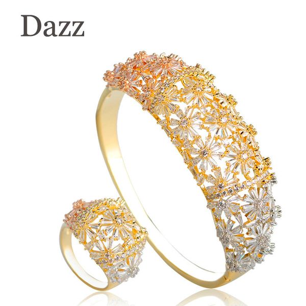 

dazz shiny full zircon flowers wedding bridal jewelry sets three tones copper party wedding saudi arabic dubai bangle ring set, Silver