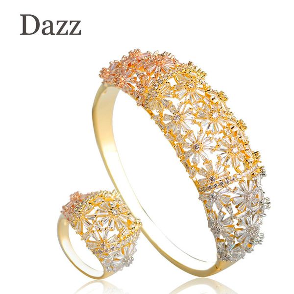 

dazz блестящий полный циркон цветы свадебные свадебные ювелирные наборы три тона меди партия свадьба саудовский арабский дубай браслет кольц, Silver