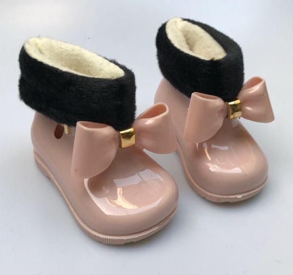 Stivali da pioggia per bambini mini sed con velluto caldo all'interno autunno inverno ragazzi ragazze scarpe con fiocco carine bambini impermeabili stivali di vendita calda