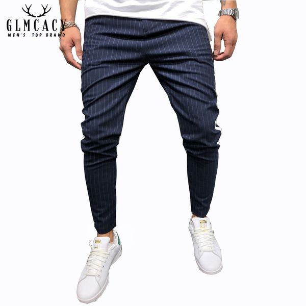 

men's ankle pants streetwear side stripes checkered trousers casual slim fit street fashion, Black