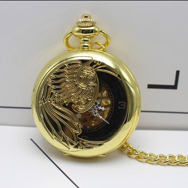 

mechanical pocket watch phoenix wings carving design hand wind classic elegant skeleton fashion pocket fob watch gift, Slivery;golden