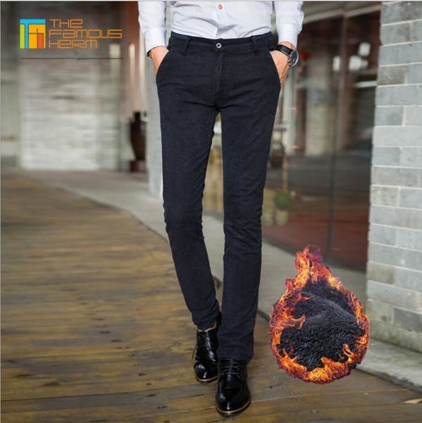 

2018 plaid blue warm men's trouser solid lining velvet slim fit business pants male elastic pants fashion straight type midwaist, Black