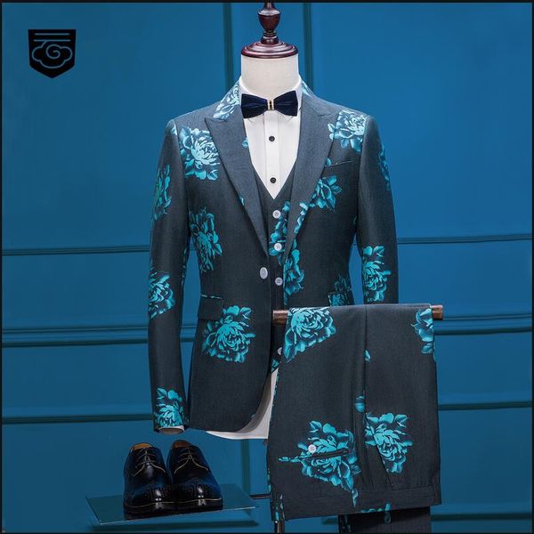 

dark blue 3d floral style suit men's suits blazers male singer stage slim fit groom wedding prom business mens tuxedo 3 piece, White;black