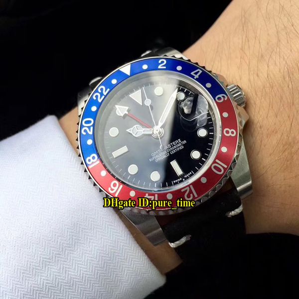 

new gmt ii date 126710 black dial automatic mens watch red/blue ceramic bezel 316l steel sapphire leather strap gents sport watches, Slivery;brown