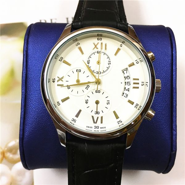 

all dials work fashion men watches leather male wristwatches auto date famouos brand luxury man clock with box high grade japan movement, Slivery;brown