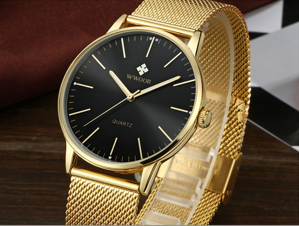 

Waterproof Watch WWOOR Quartz Watch Men Mens Ultra Thin Stainless Steel Mesh Band Wristwatch Men''s Watches Fashion Casual Watches .(gold)